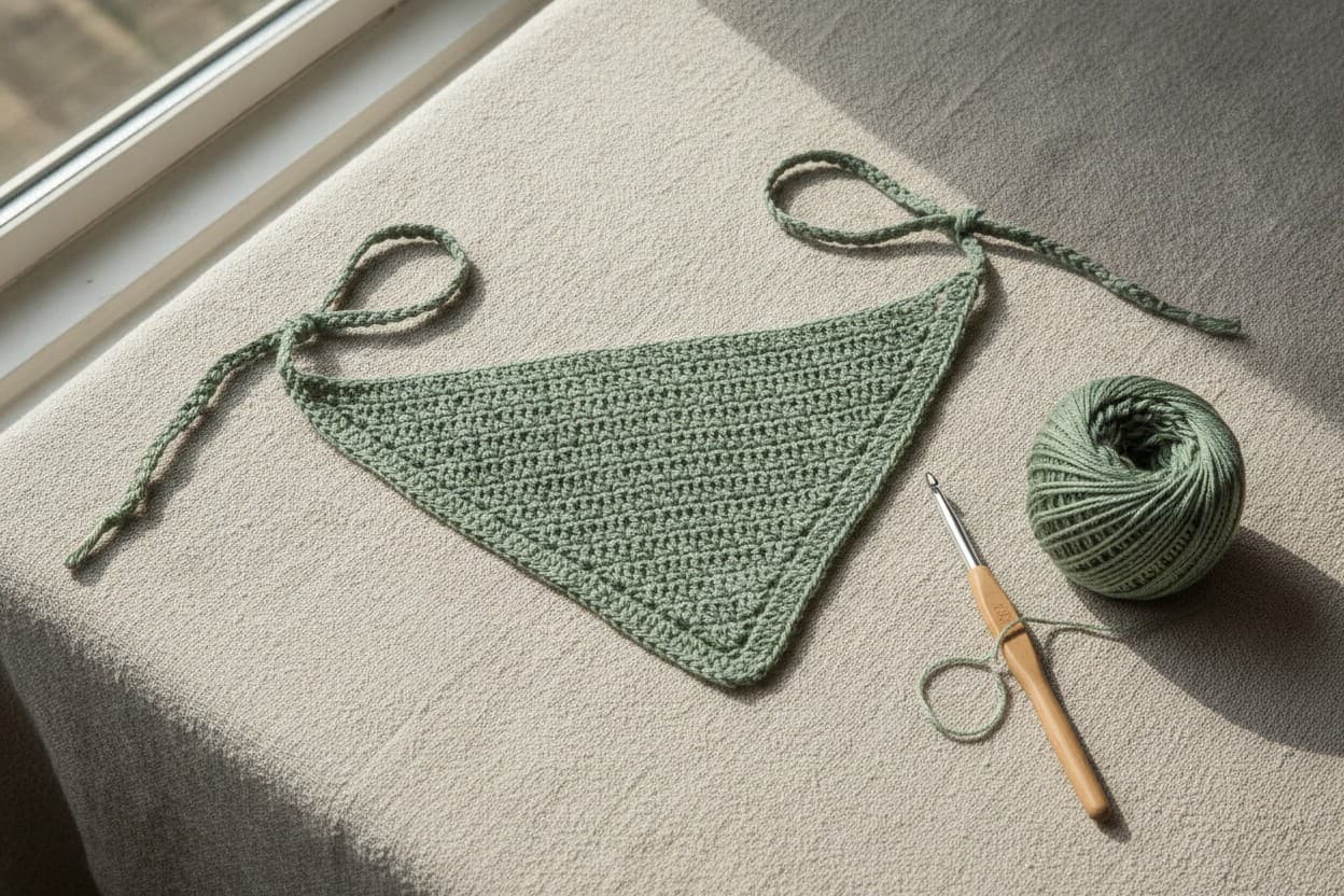 A sage-green crochet triangle bandana with long ties, styled with cotton yarn and a wooden hook on linen.