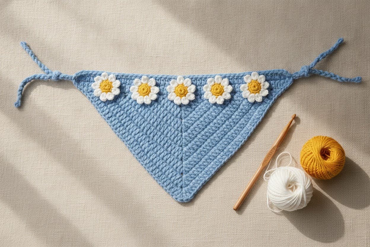 A sky-blue crochet bandana with five flat white daisies and long ties on linen.