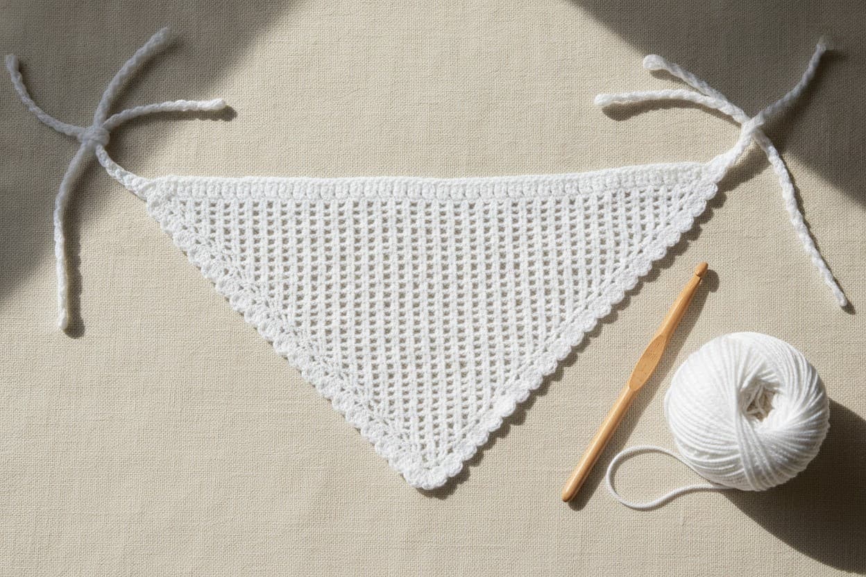 A white cotton crochet lace bandana with open mesh, picot edges, and long ties on linen.