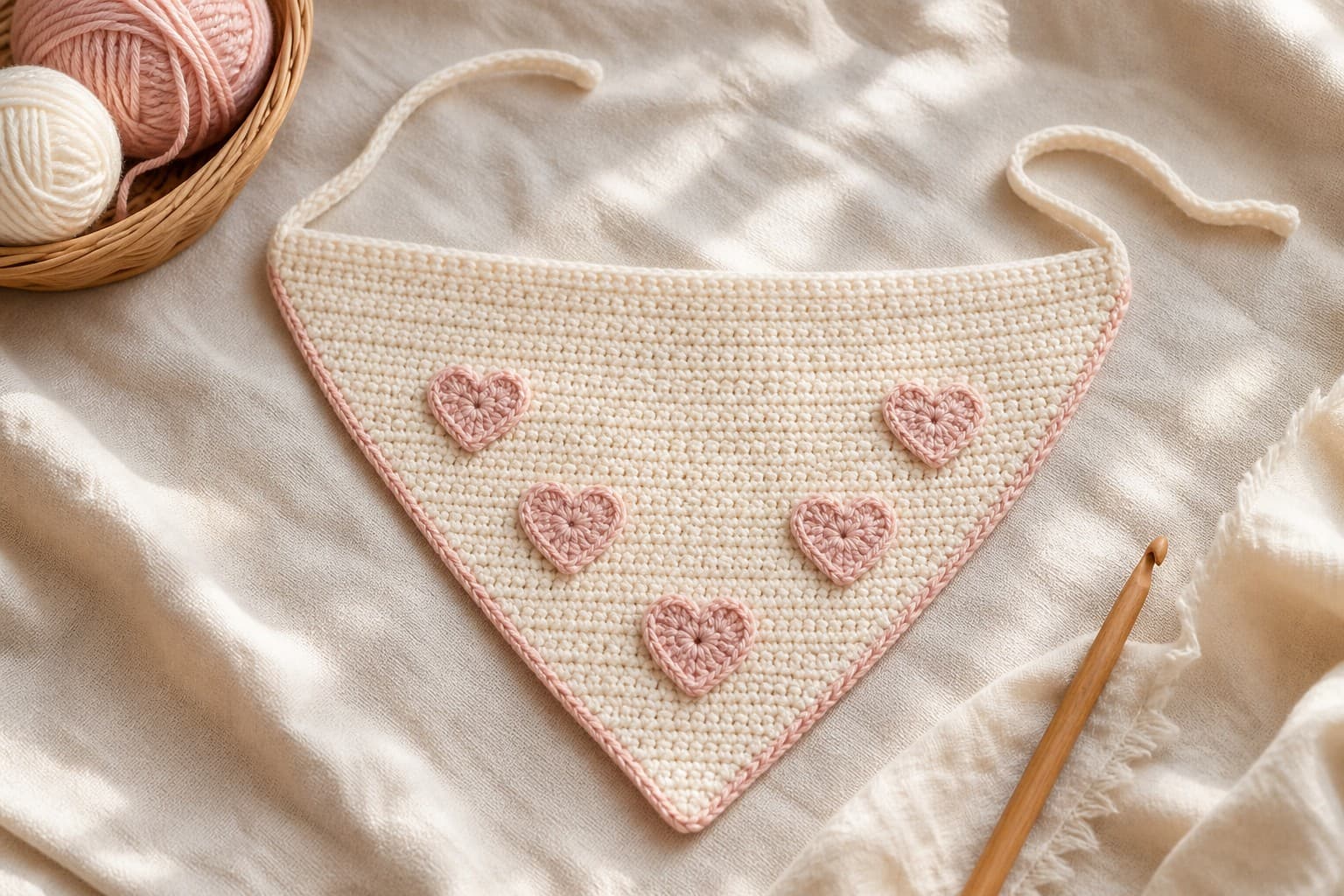 A cream crochet heart bandana with five blush hearts, edging, and long ties on linen.