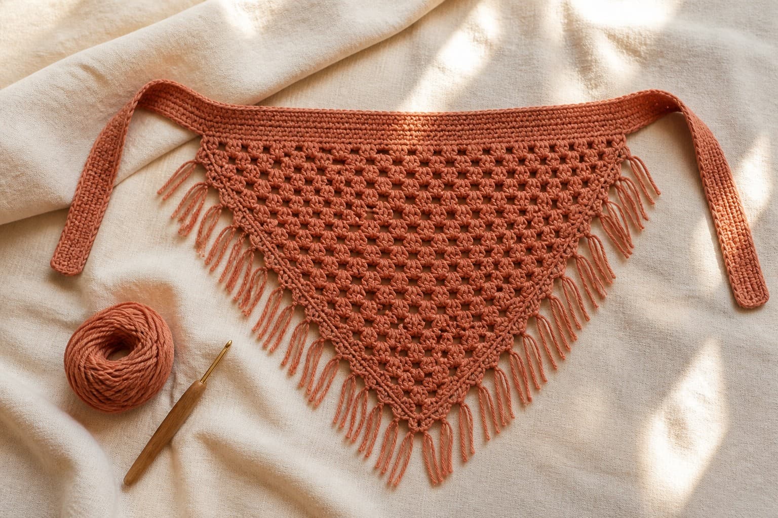 A muted terracotta open crochet bandana with chain-loop edging, fringe, and long flat ties on linen.