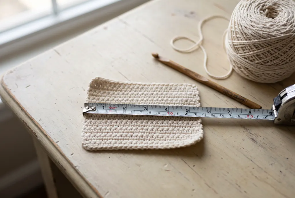 A firm ecru cotton crochet swatch with a tape measure across it beside a hook and a ball of yarn