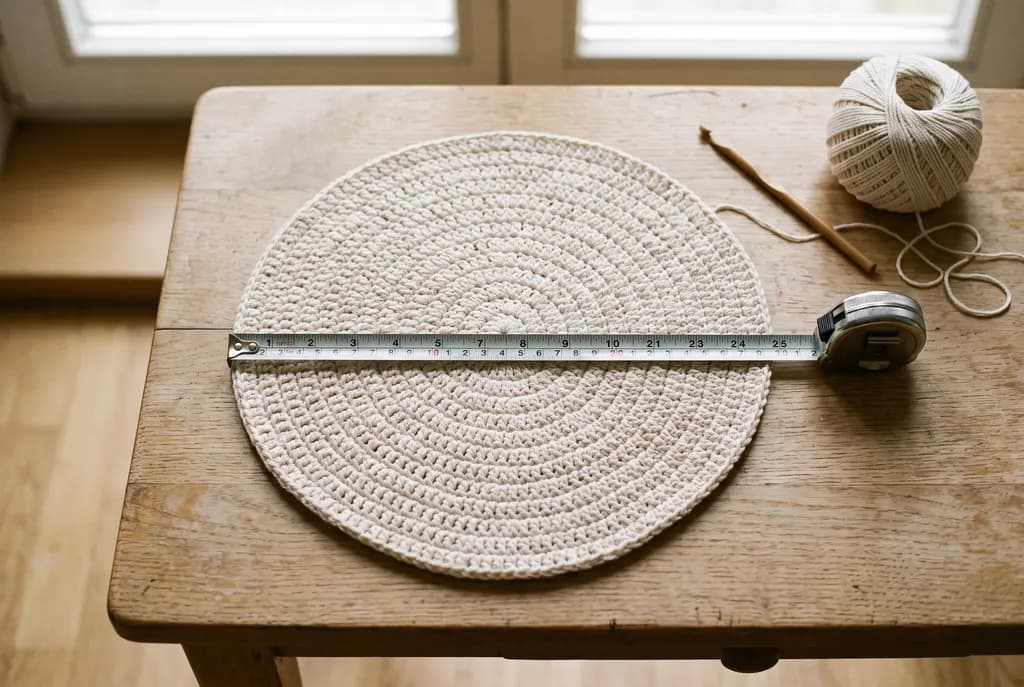 A flat circular crochet bag base in ecru cotton with a tape measure showing its diameter
