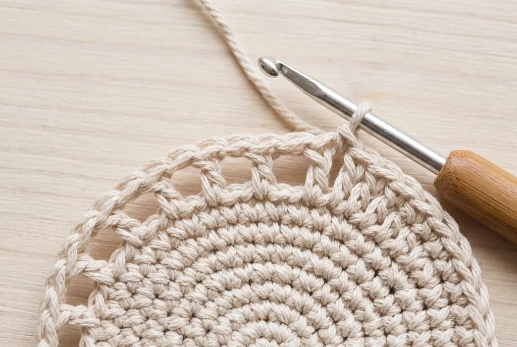 The first chain mesh round worked onto a solid crochet bag base