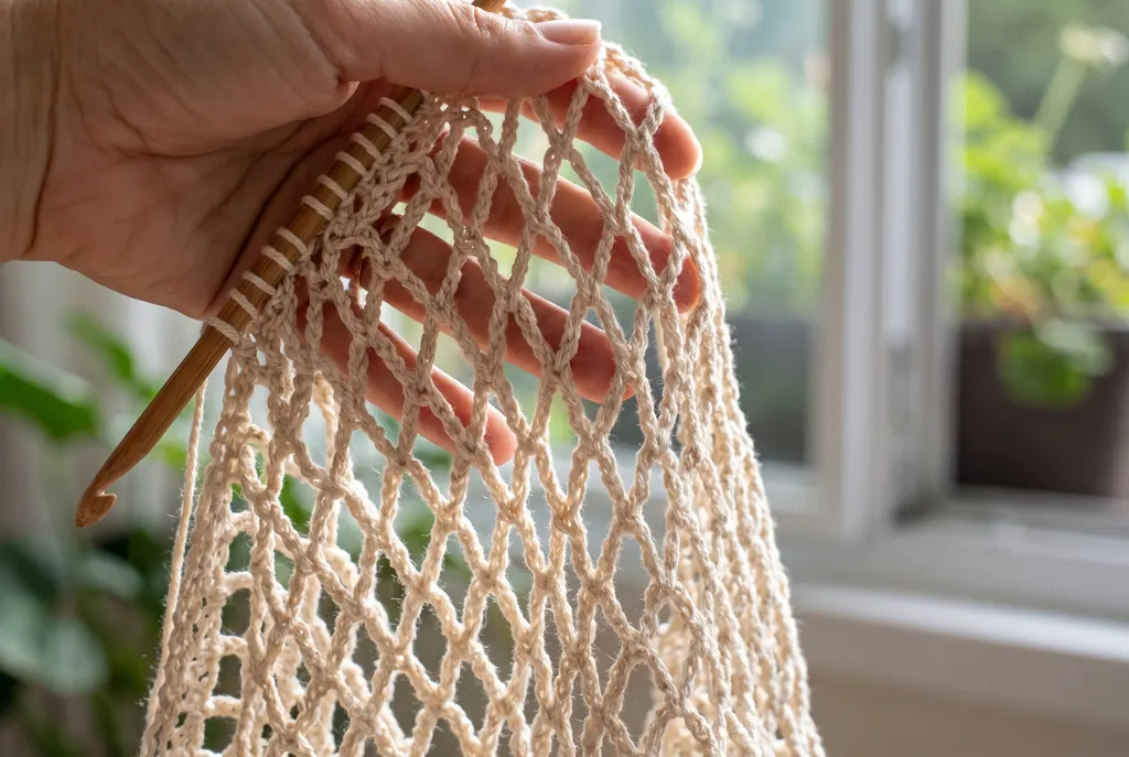The open diamond mesh forming the side of an ecru cotton crochet market bag
