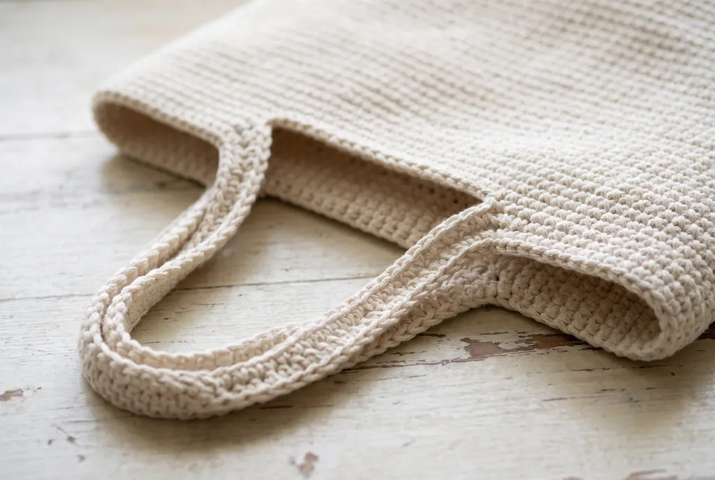 A long chain spanning a gap in the top band to form a crochet bag handle