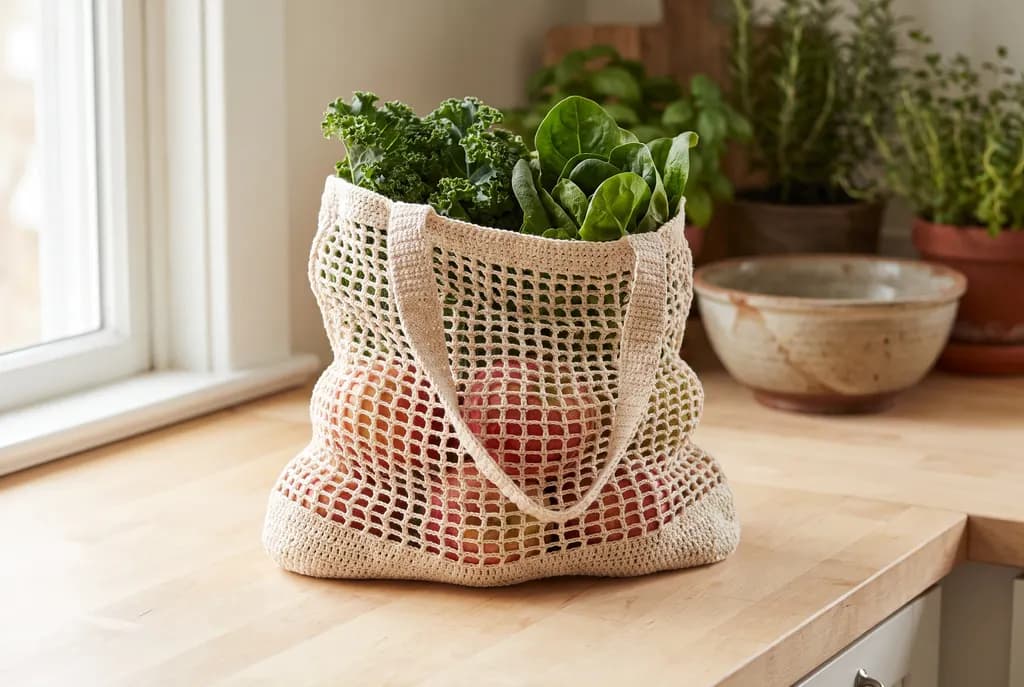 A finished ecru crochet market bag standing on a counter filled with fresh produce