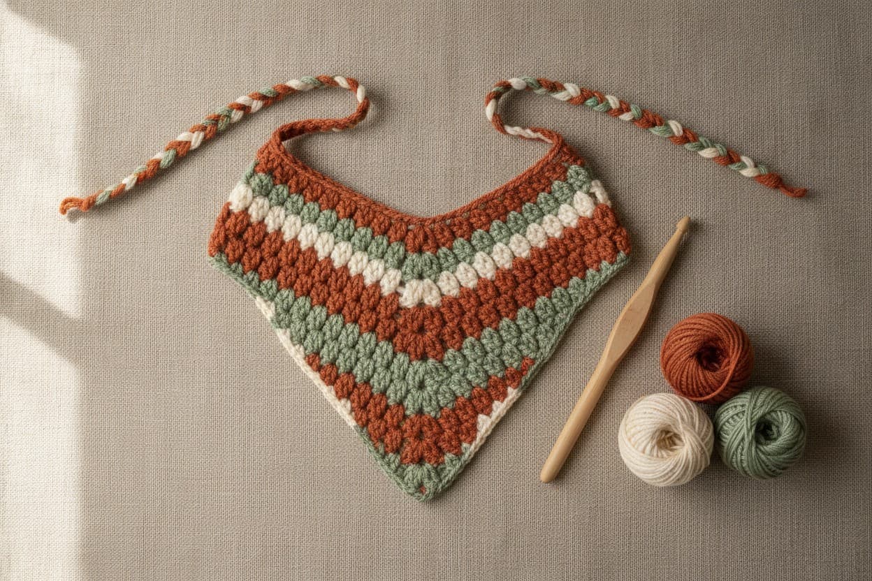A striped terracotta, cream, and sage granny cluster crochet bandana with long ties on linen beside matching yarn.