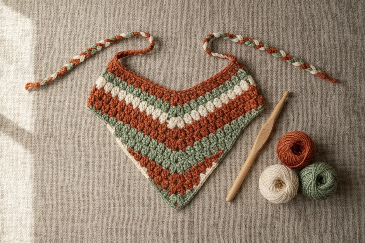 A striped terracotta, cream, and sage granny cluster crochet bandana with long ties on linen beside matching yarn.