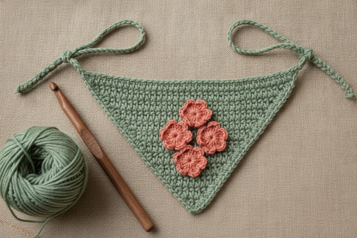 A sage-green crochet bandana with three raised coral crochet flowers and long ties on linen.