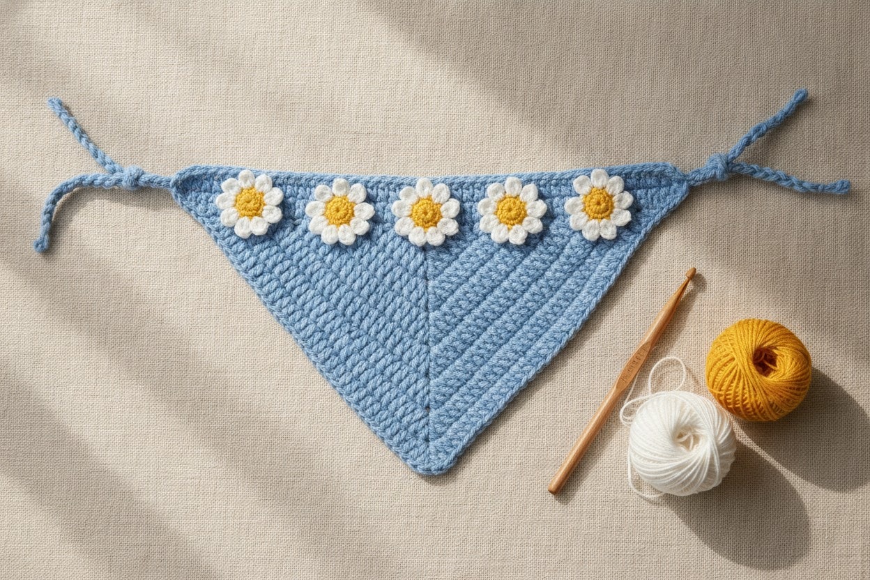 A sky-blue crochet bandana with five flat white daisies and long ties on linen.