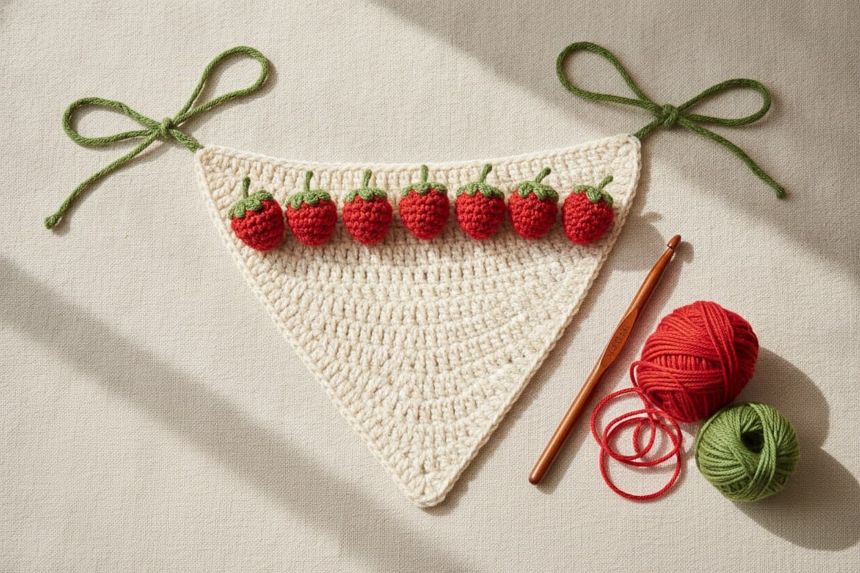 A cream crochet bandana with seven red strawberry appliqués and long green ties on linen.