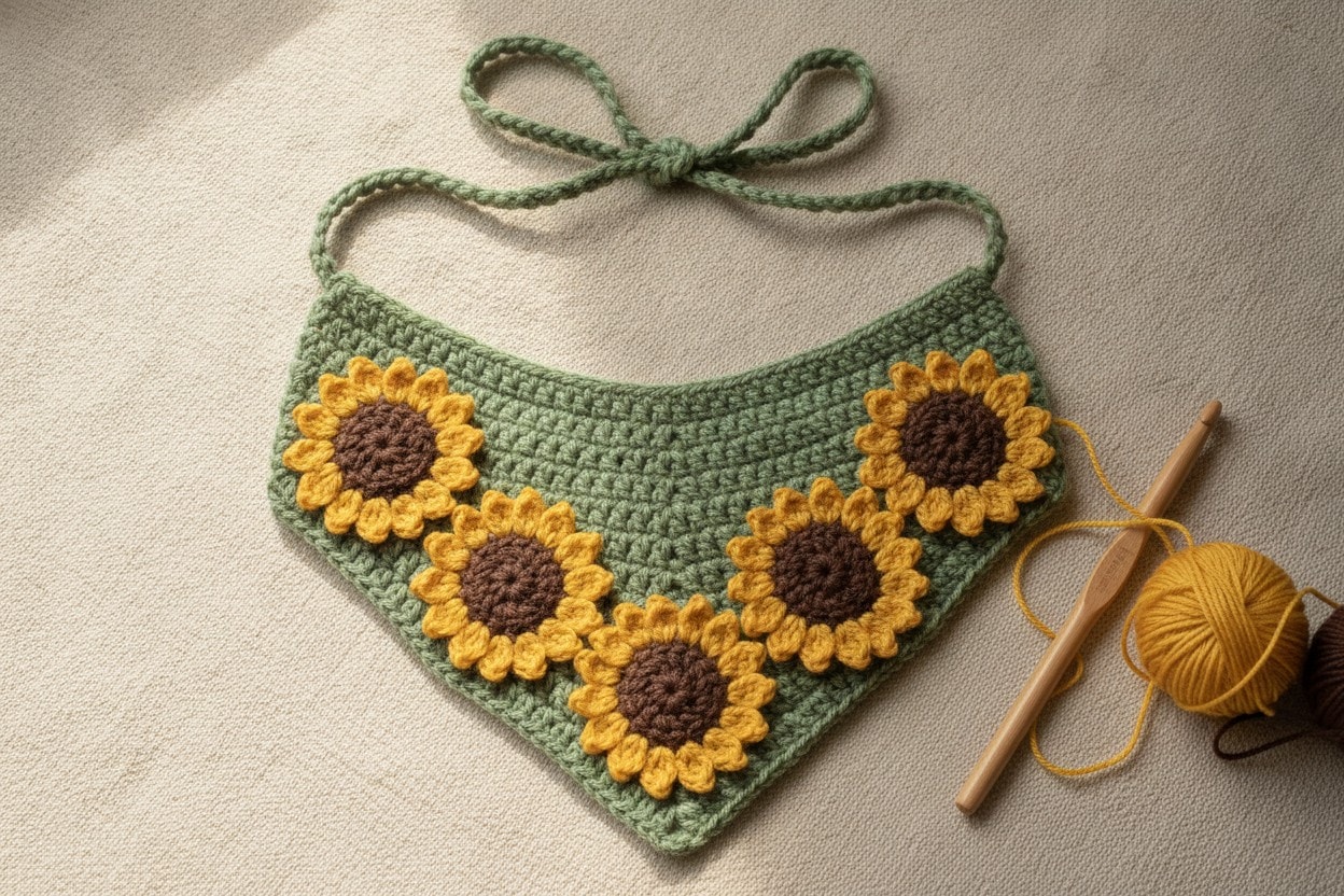 A sage green crochet bandana with five yellow sunflowers and long ties on linen.