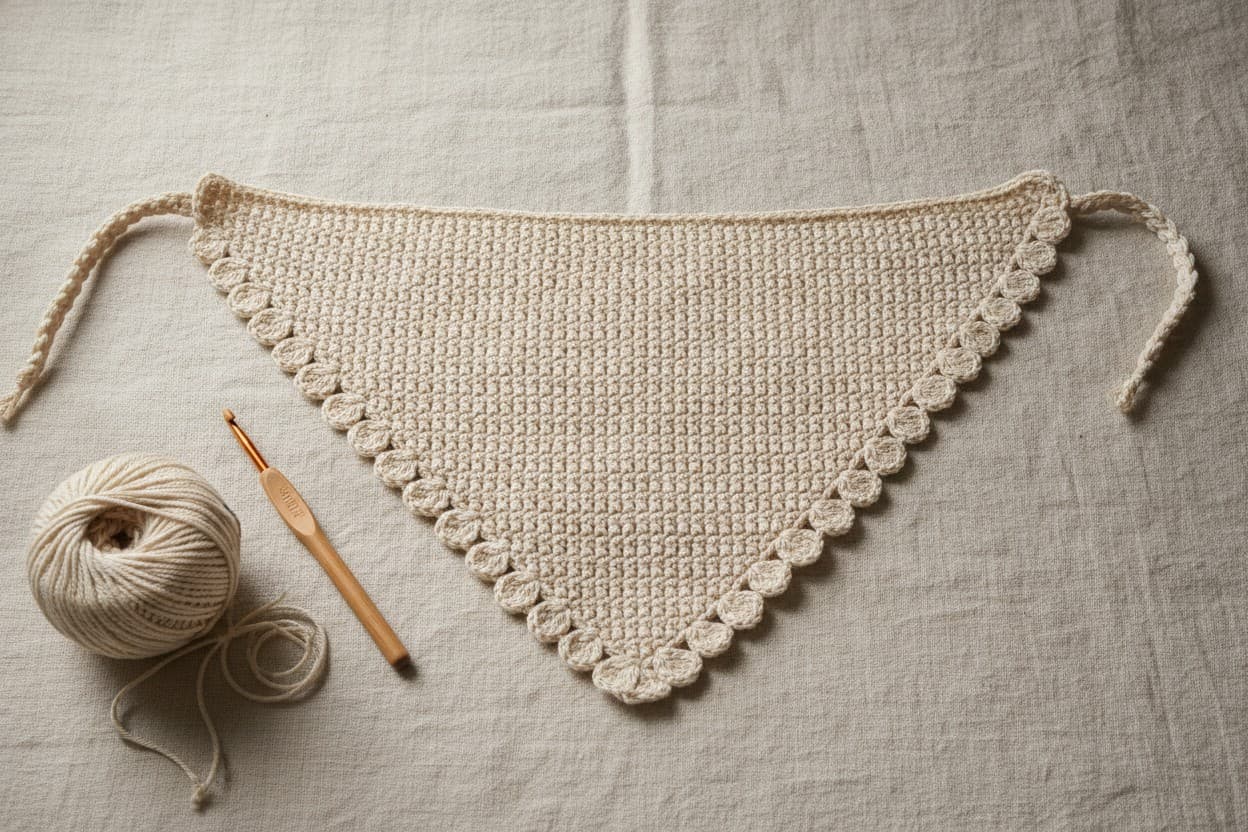 An ecru solid crochet head scarf with shell edging and long ties on linen.