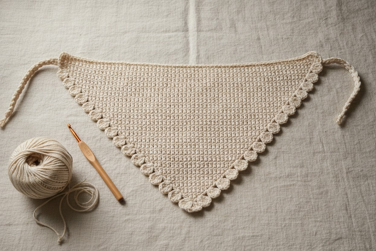An ecru solid crochet head scarf with shell edging and long ties on linen.
