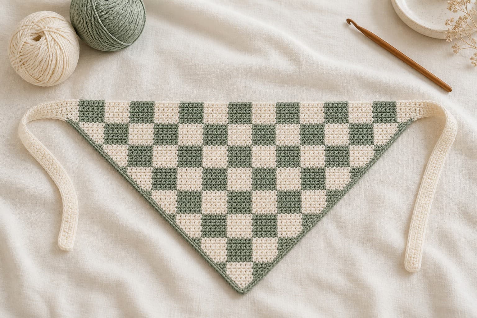 A cream and sage crochet checkered bandana with contrast edging and long ties on linen.