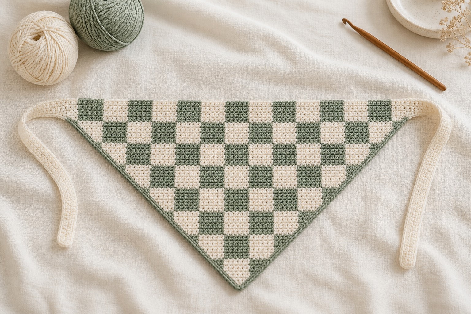A cream and sage crochet checkered bandana with contrast edging and long ties on linen.