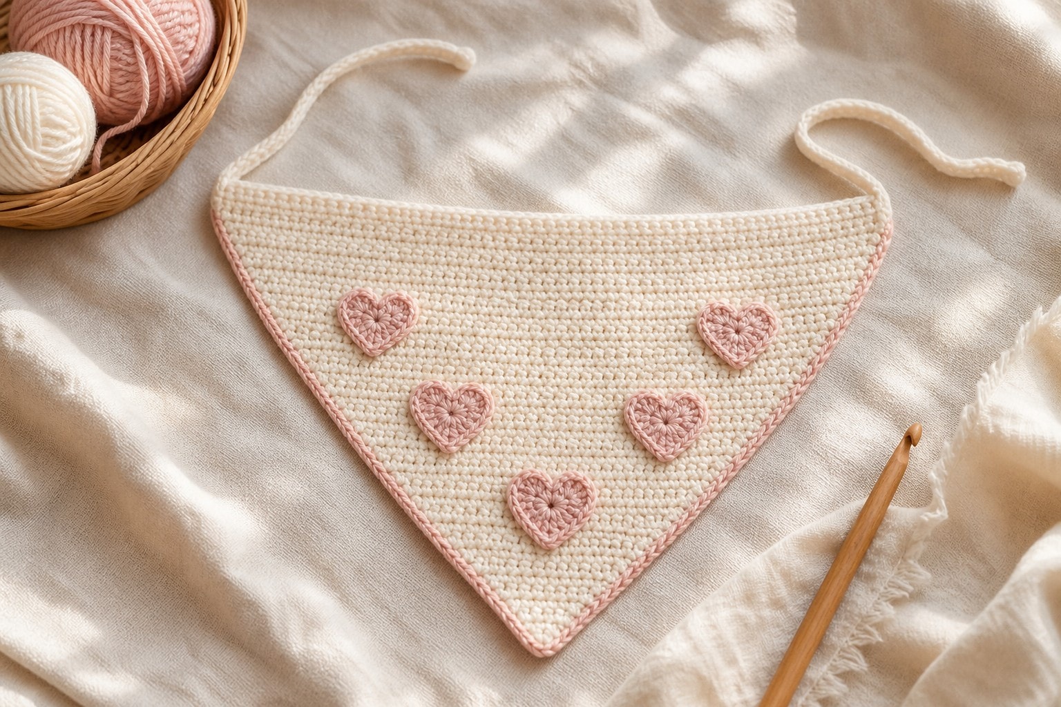 A cream crochet heart bandana with five blush hearts, edging, and long ties on linen.