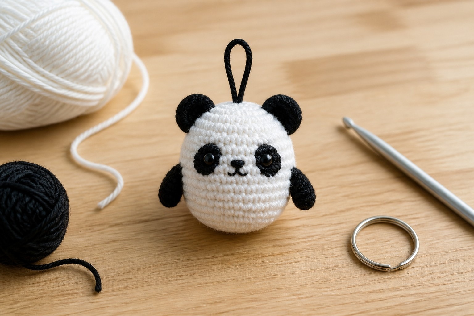 A small white crochet panda keychain with black ears and arms beside sport-weight yarn and a silver split ring