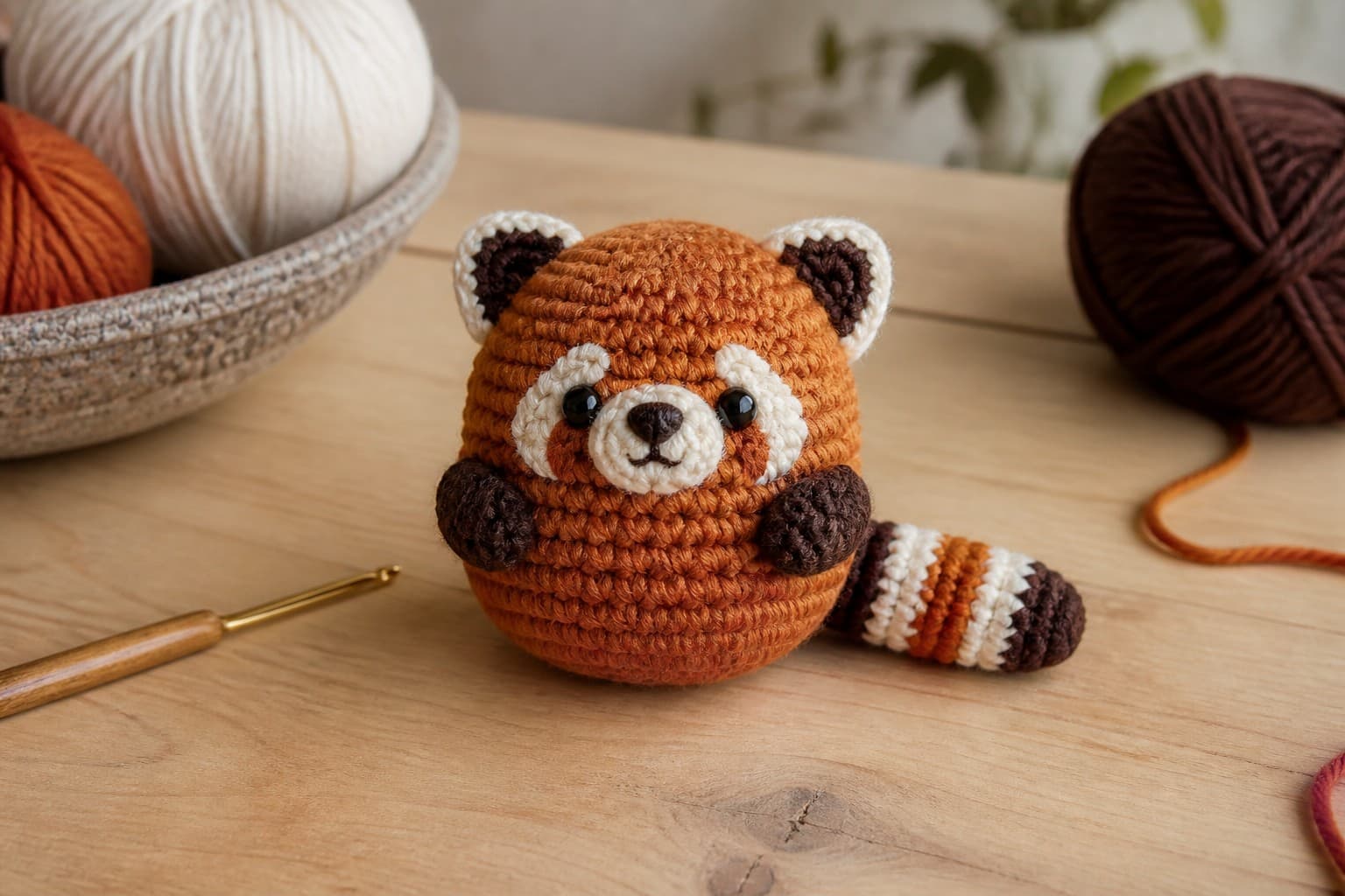 A small rust orange crochet red panda plush with a cream face patch and striped tail beside sport-weight yarn
