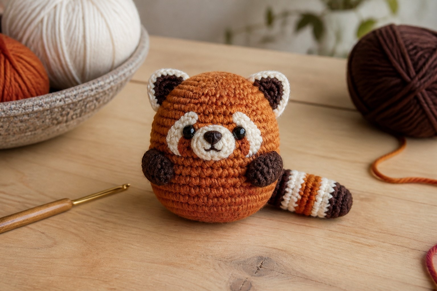 A small rust orange crochet red panda plush with a cream face patch and striped tail beside sport-weight yarn