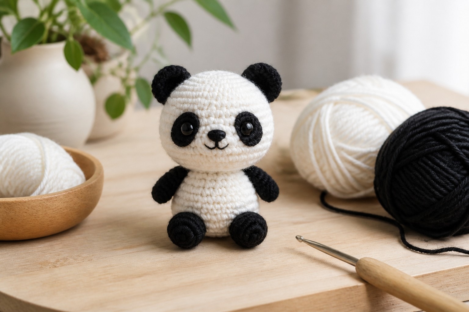 A small black and white crochet panda plush with direct-crocheted ears and arms