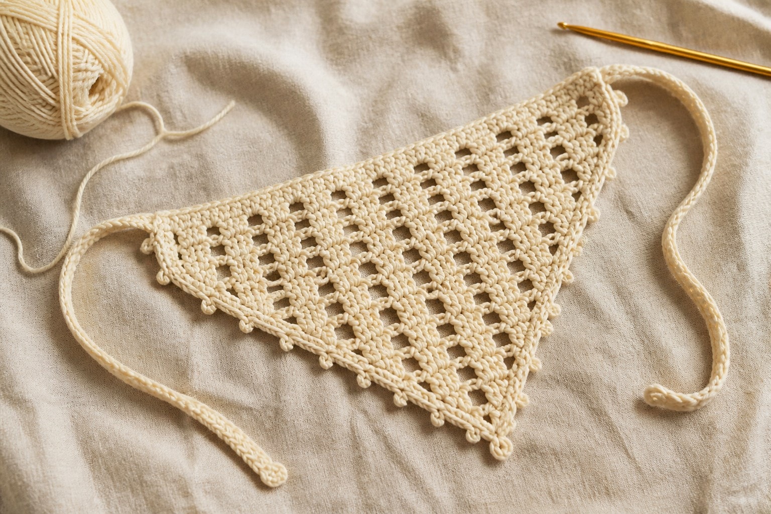 A cream cotton crochet mesh bandana with long flat ties on linen