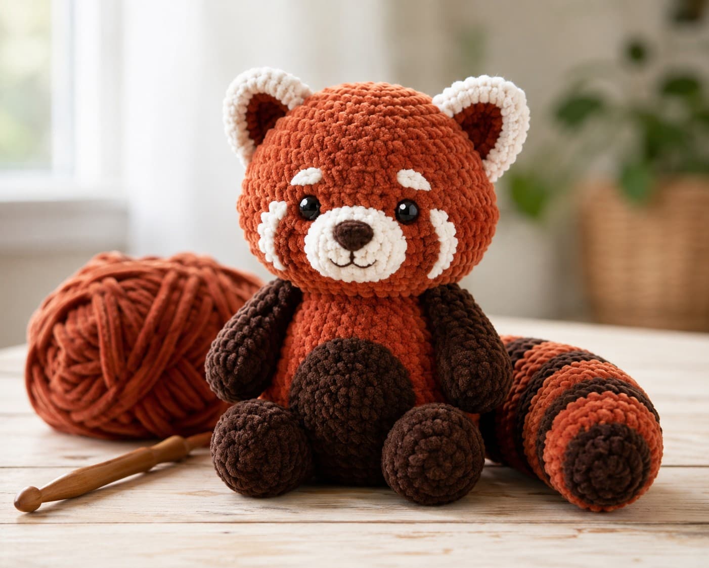 A fluffy chenille crochet red panda plush with a ringed tail sitting on a wooden table beside a ball of rust velvet yarn