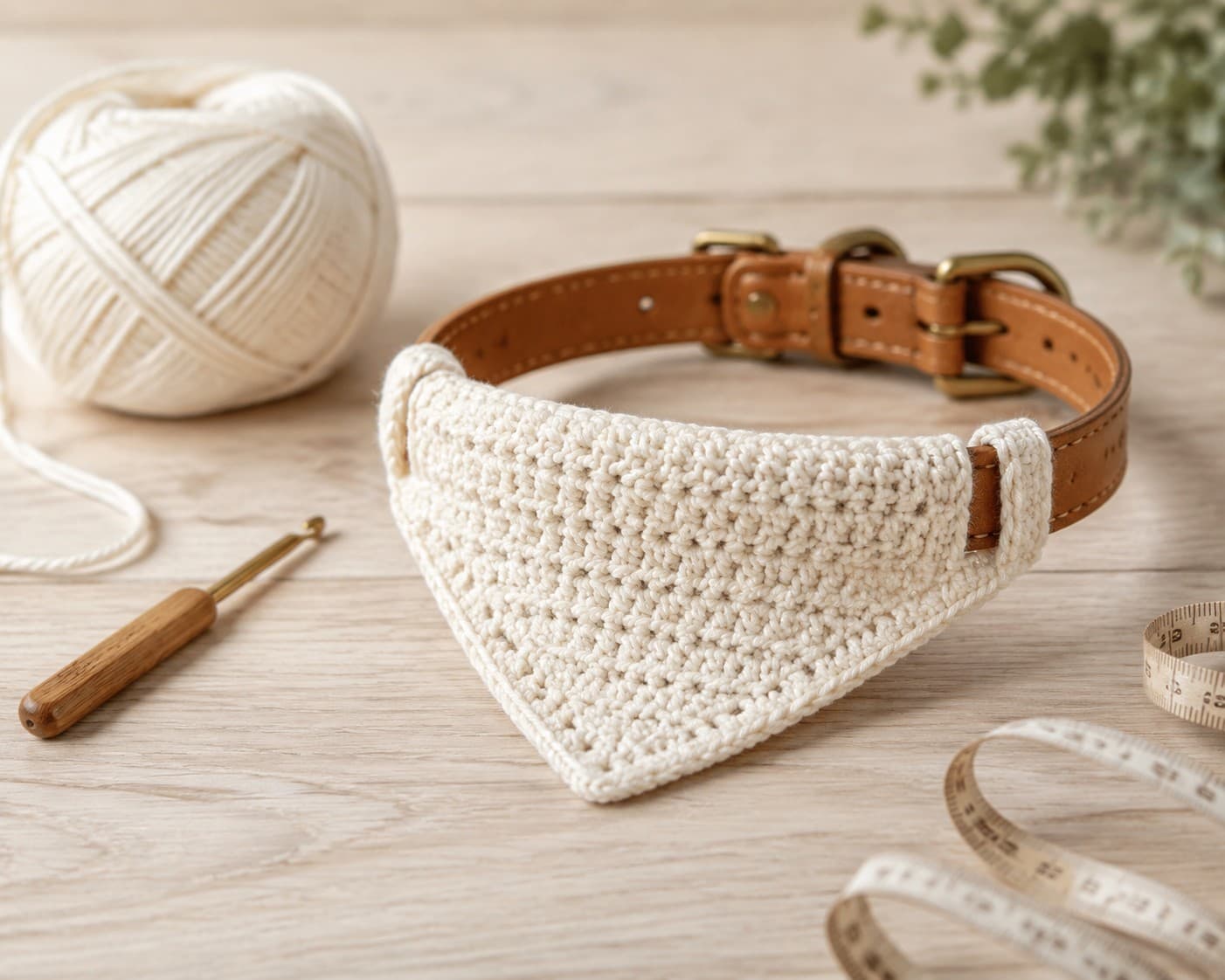 A cream crochet triangle dog bandana threaded onto a tan collar, laid flat on wood beside a ball of cotton yarn and a hook