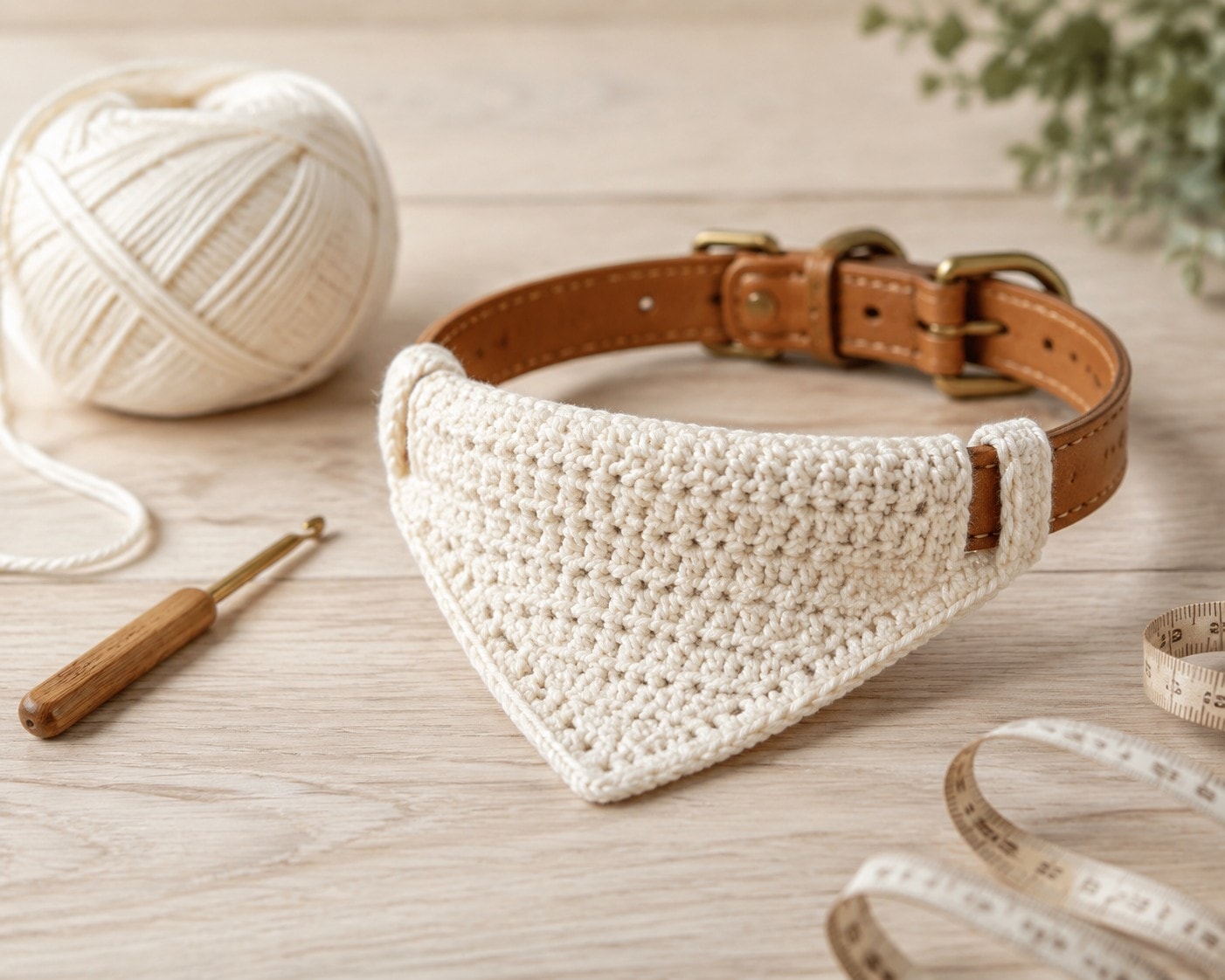 A cream crochet triangle dog bandana threaded onto a tan collar, laid flat on wood beside a ball of cotton yarn and a hook