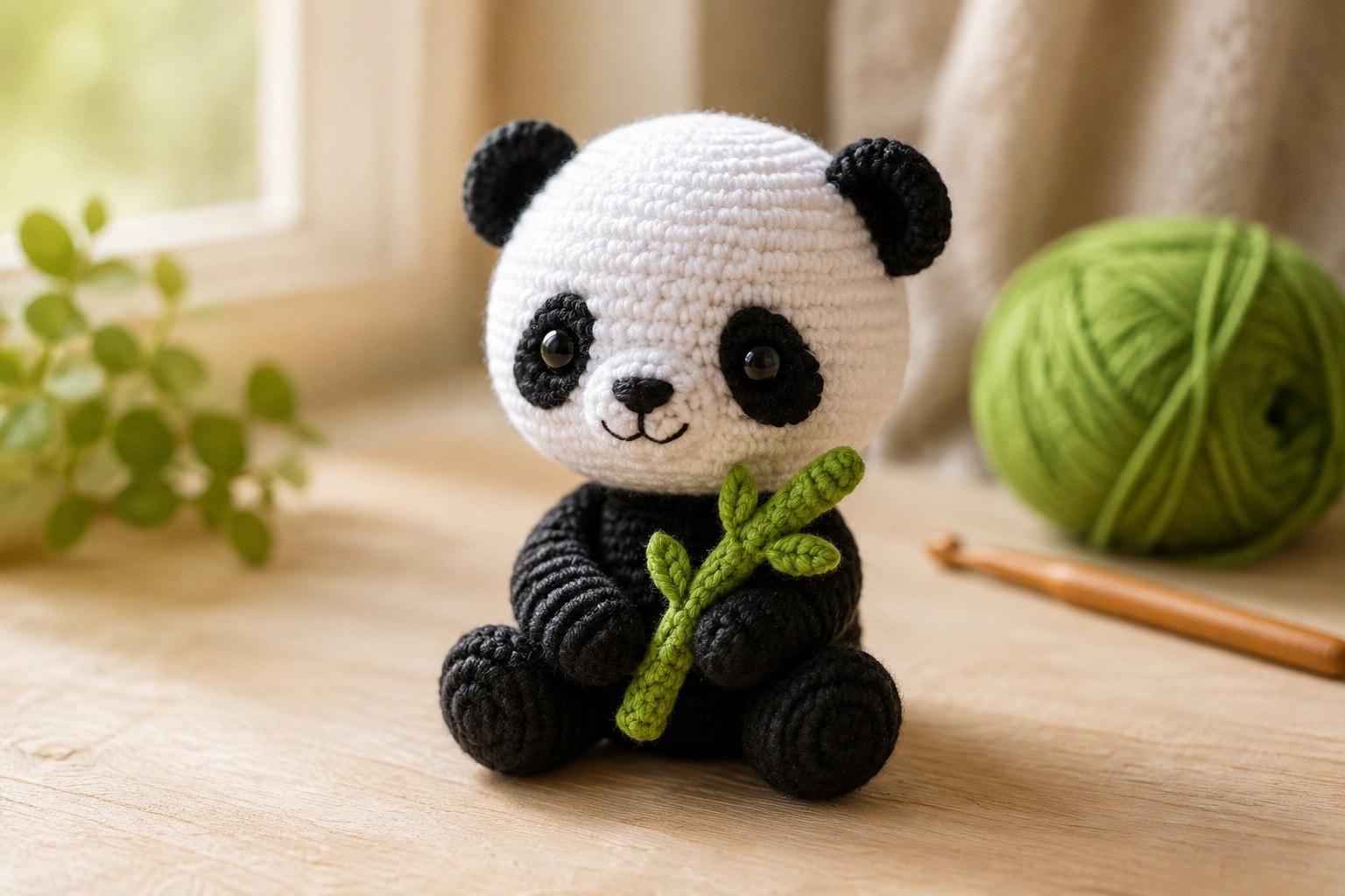 Handmade crochet panda holding a green crocheted bamboo sprig on a pale wooden table