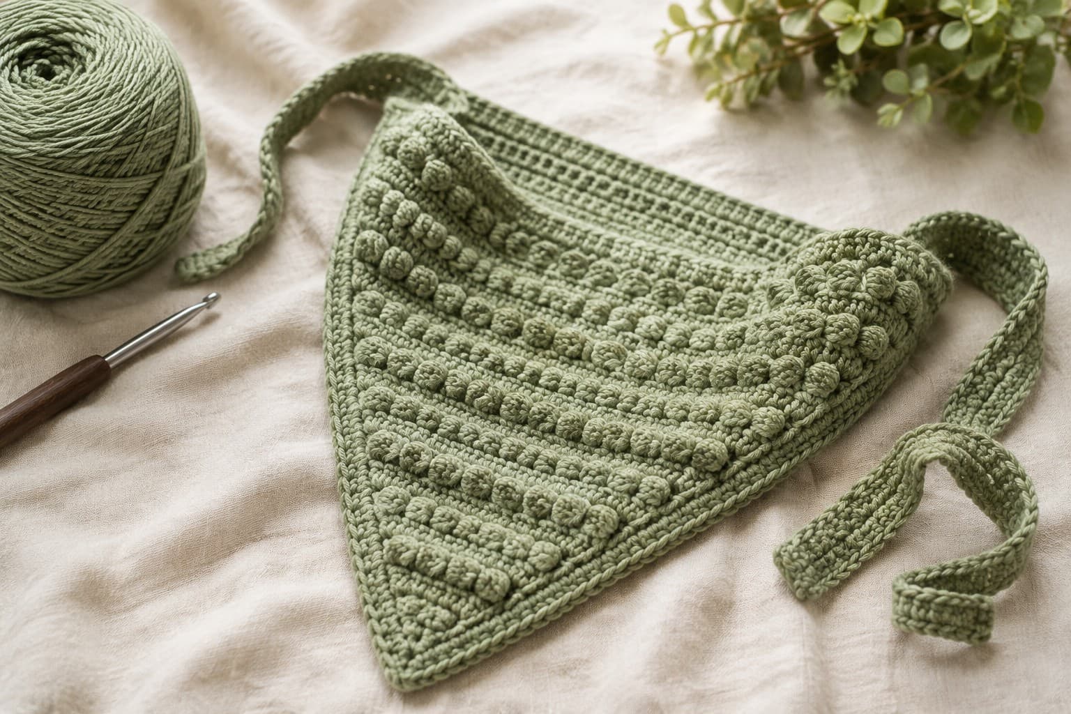 Sage green puff stitch crochet bandana with flat ties on cream linen