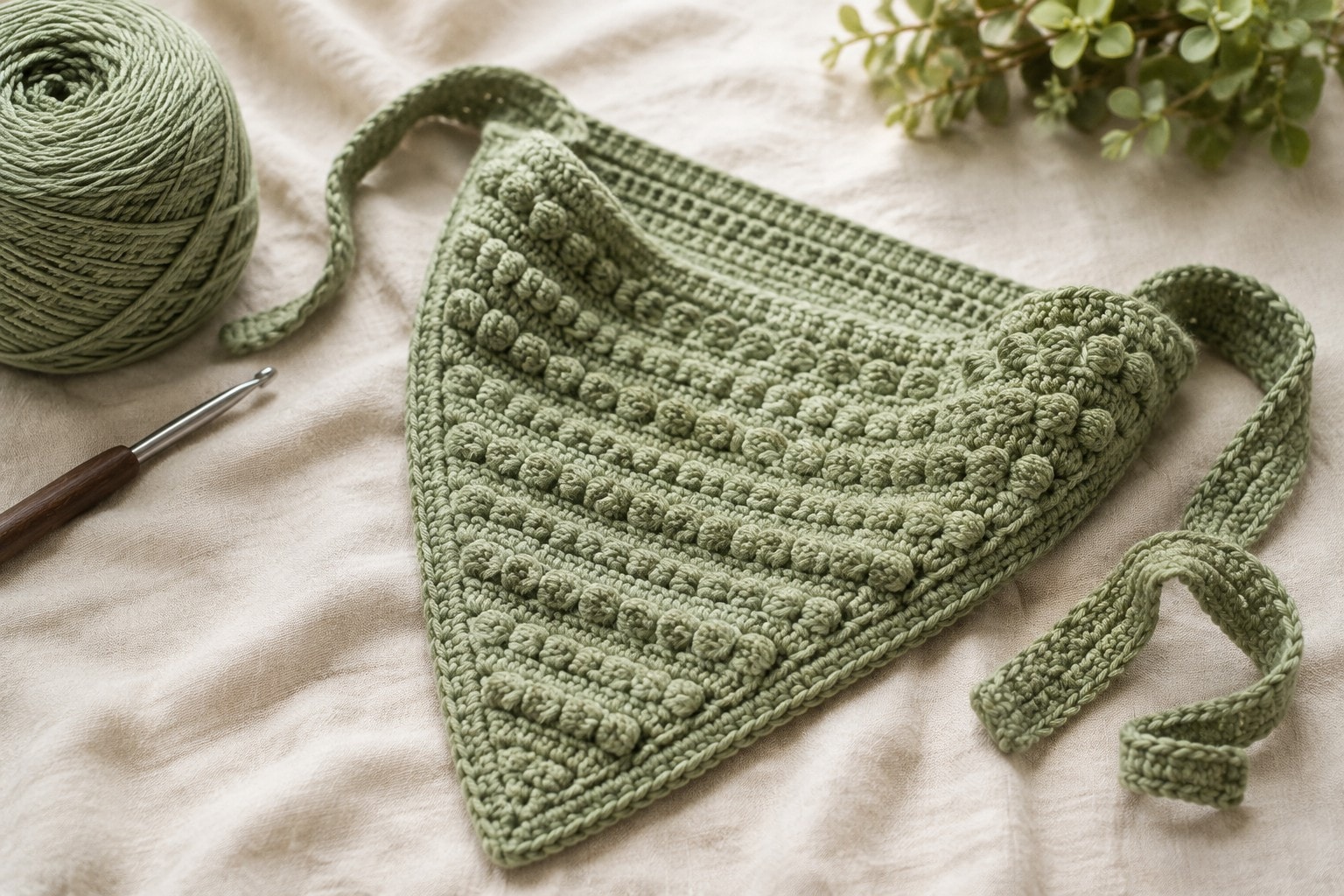 Sage green puff stitch crochet bandana with flat ties on cream linen