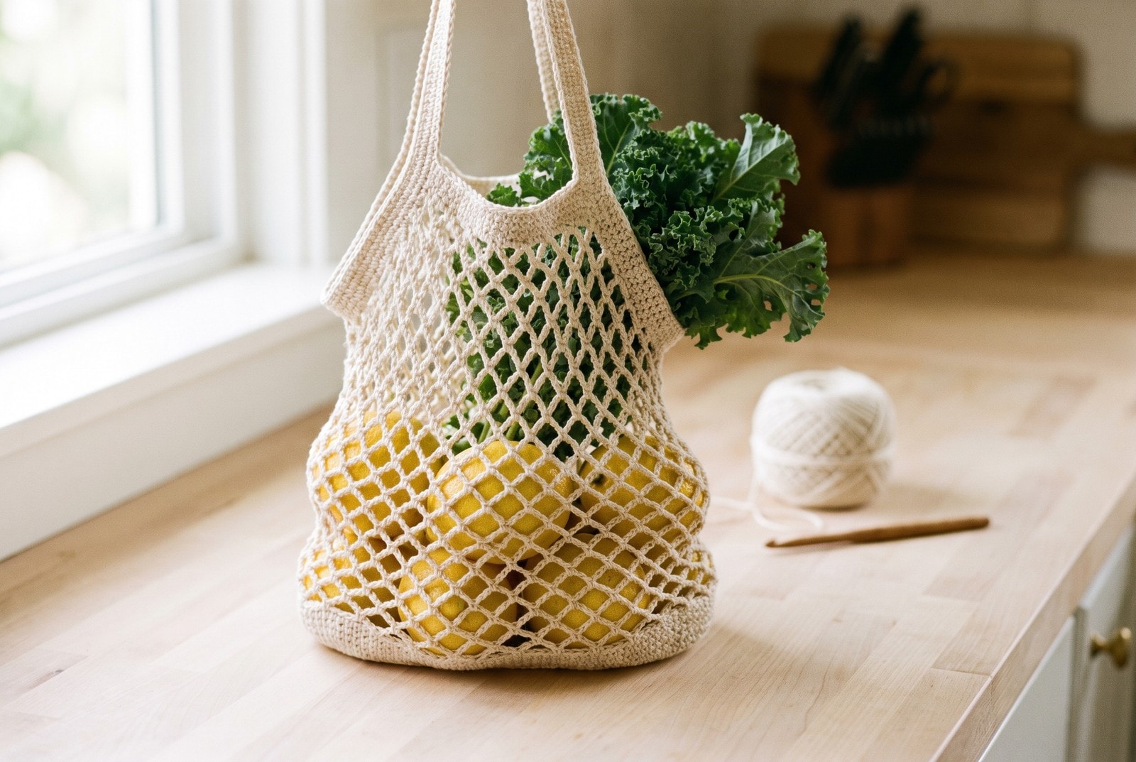 An ecru crochet market bag with an open mesh body standing on a wooden counter holding lemons and greens