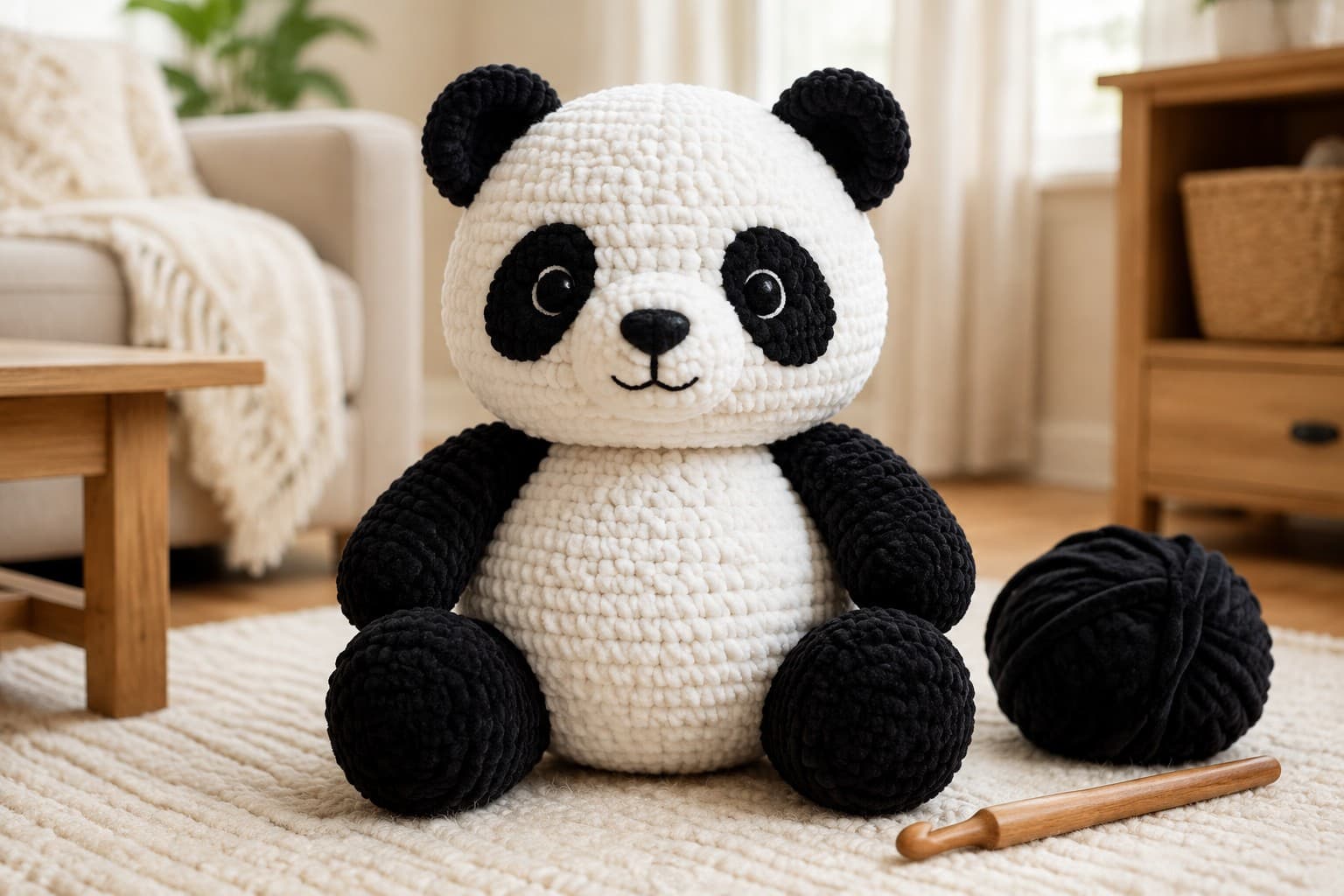 A giant black and white chunky crochet panda plush sitting on a cream rug beside yarn and a crochet hook