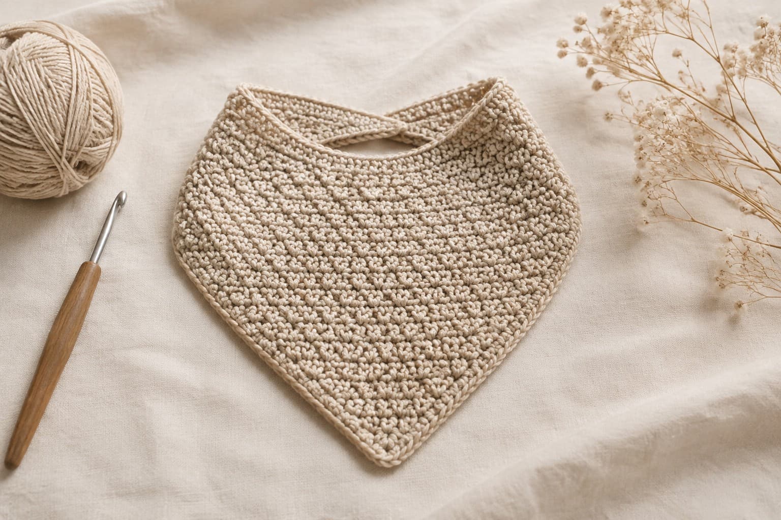 Finished oatmeal cotton crochet baby bandana bib with snap straps on a warm linen surface