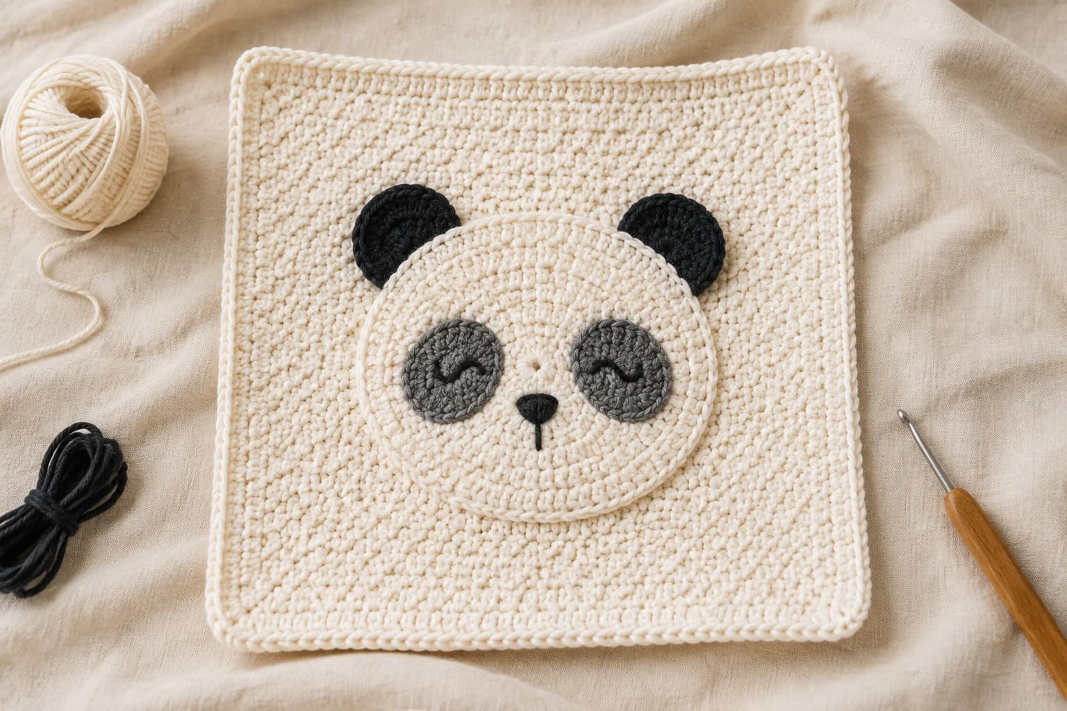 Flat cream cotton crochet panda lovey with an embroidered face sewn to its center