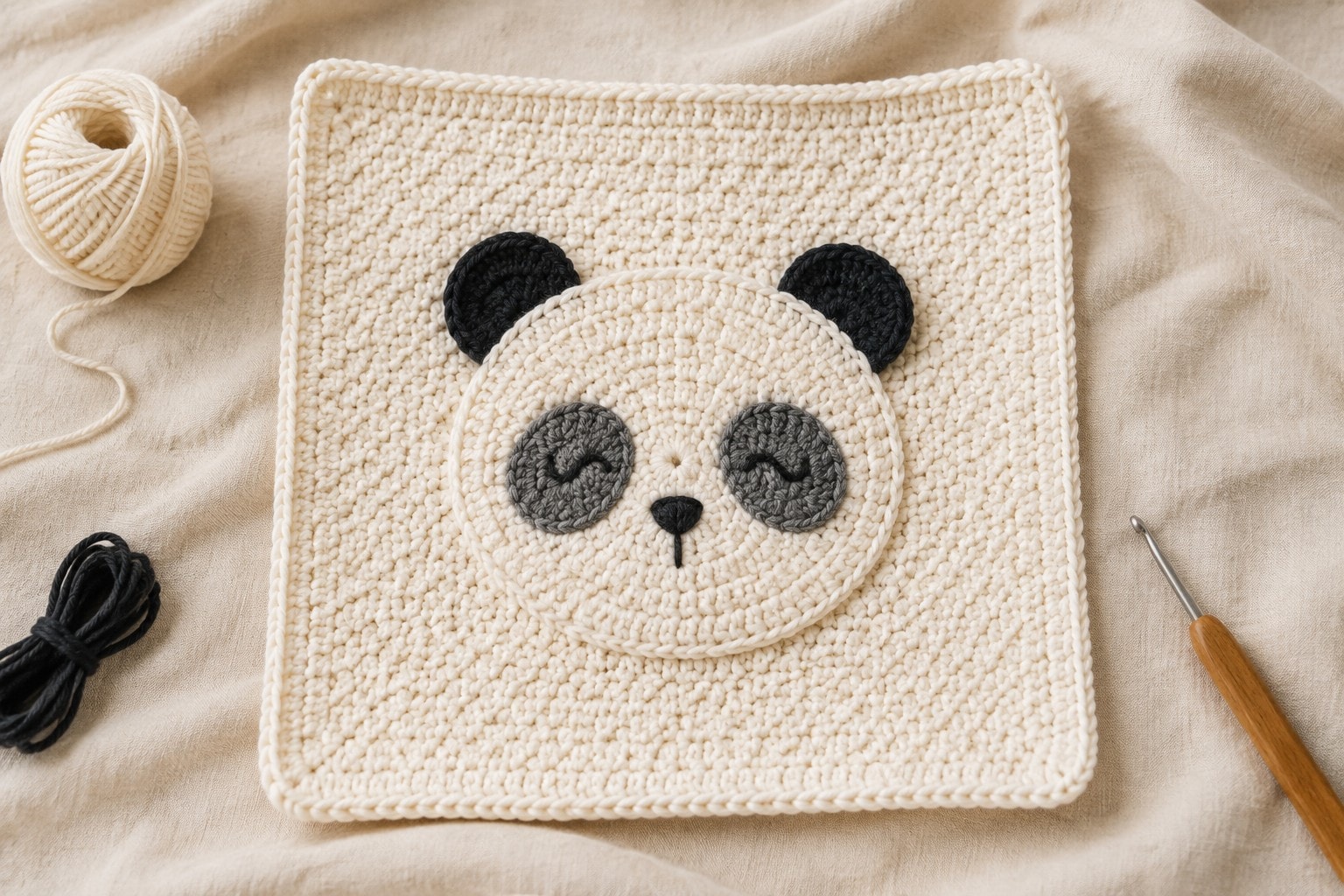 Flat cream cotton crochet panda lovey with an embroidered face sewn to its center