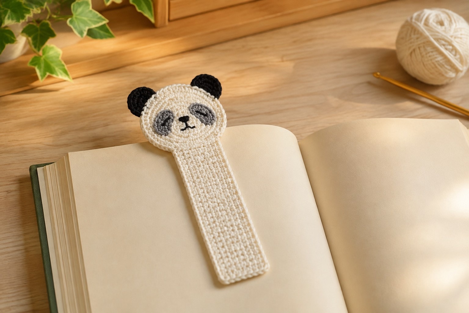 Flat crochet panda bookmark marking a page in an open book