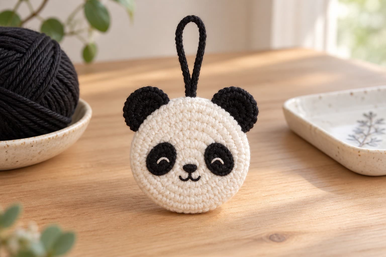 Flat cream and black crochet panda hanging charm with embroidered face and a black crochet loop