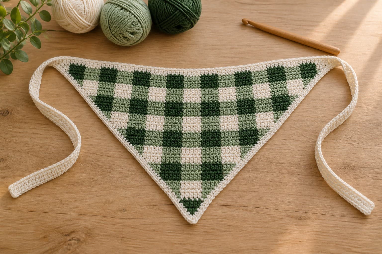 Cream, sage and forest green crochet gingham triangle bandana with cream ties on a wooden table