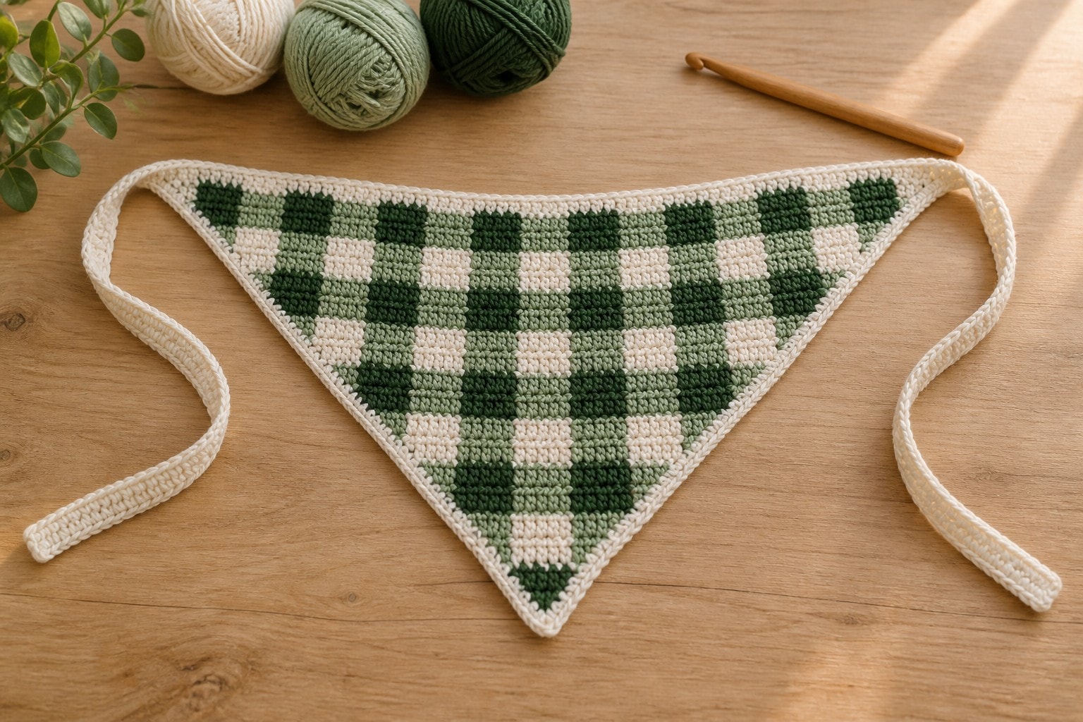 Cream, sage and forest green crochet gingham triangle bandana with cream ties on a wooden table
