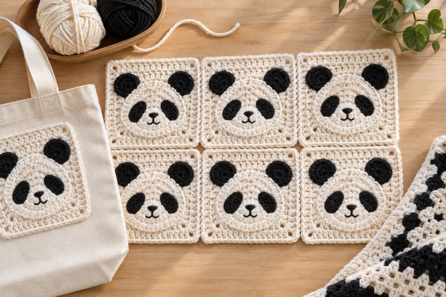 Cream crochet panda granny squares with black ears and eye patches arranged beside a tote bag