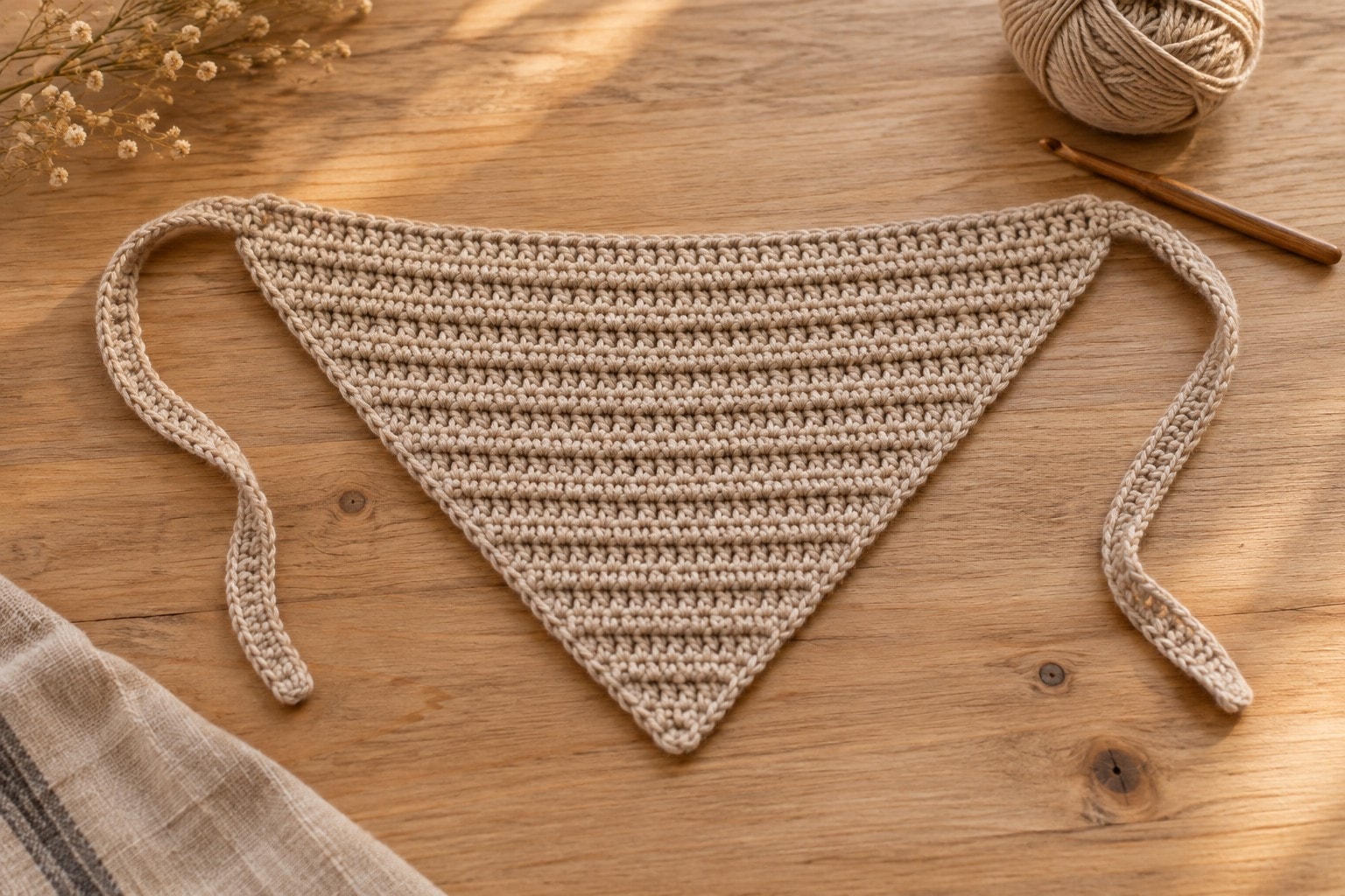 Oat-colored ribbed crochet triangular headscarf with flat matching ties on a wooden table