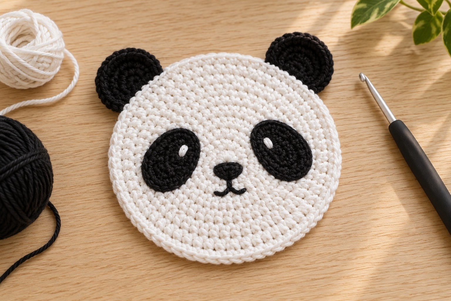 Flat white cotton crochet panda coaster with black ears and embroidered face on a pale wood table