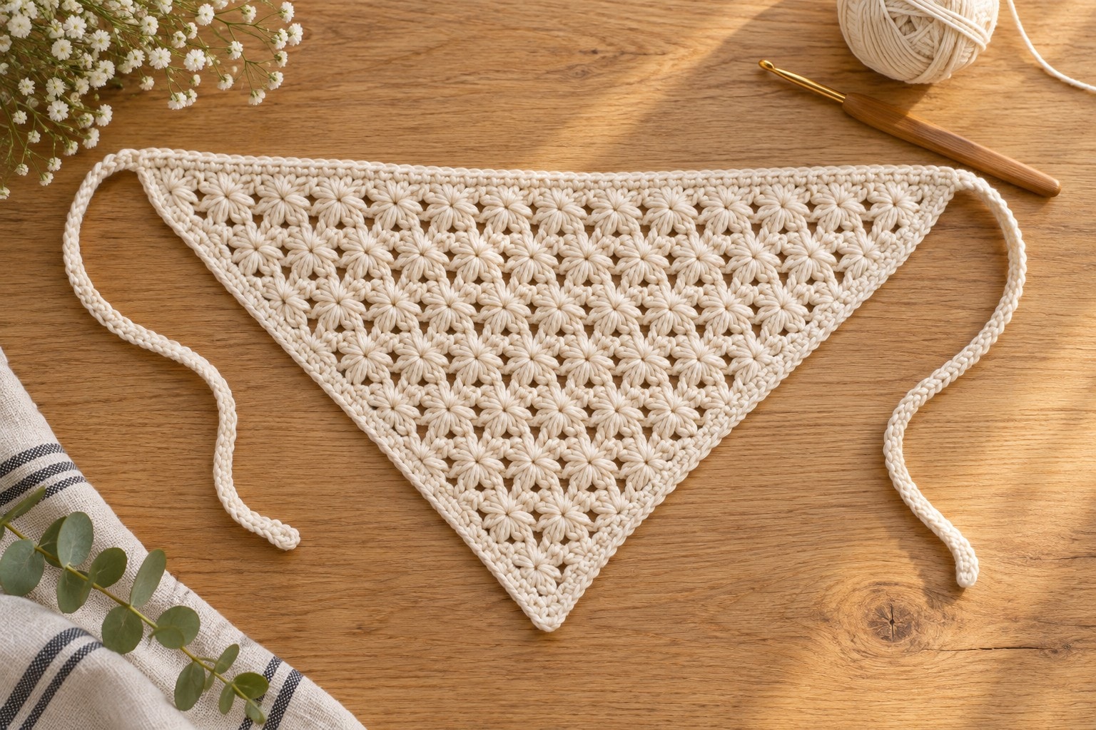 Cream cotton star stitch crochet bandana with a narrow border and long ties on a wood table