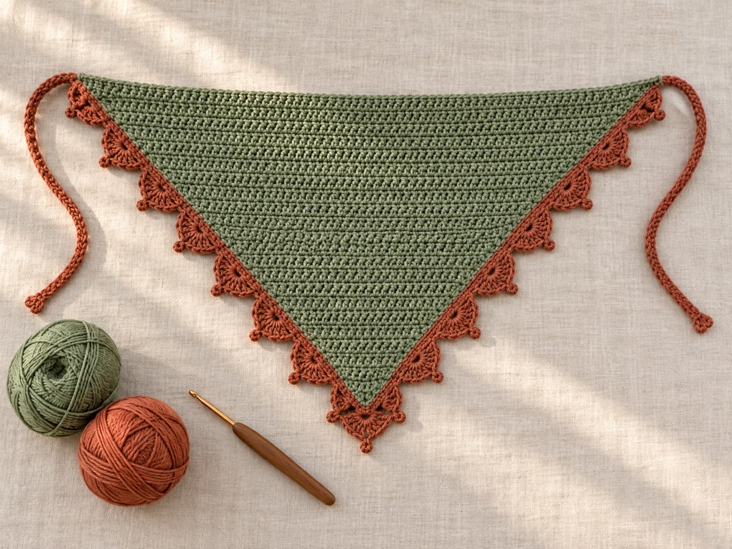 Sage cotton crochet bandana with terracotta shell-and-picot scallops and matching ties