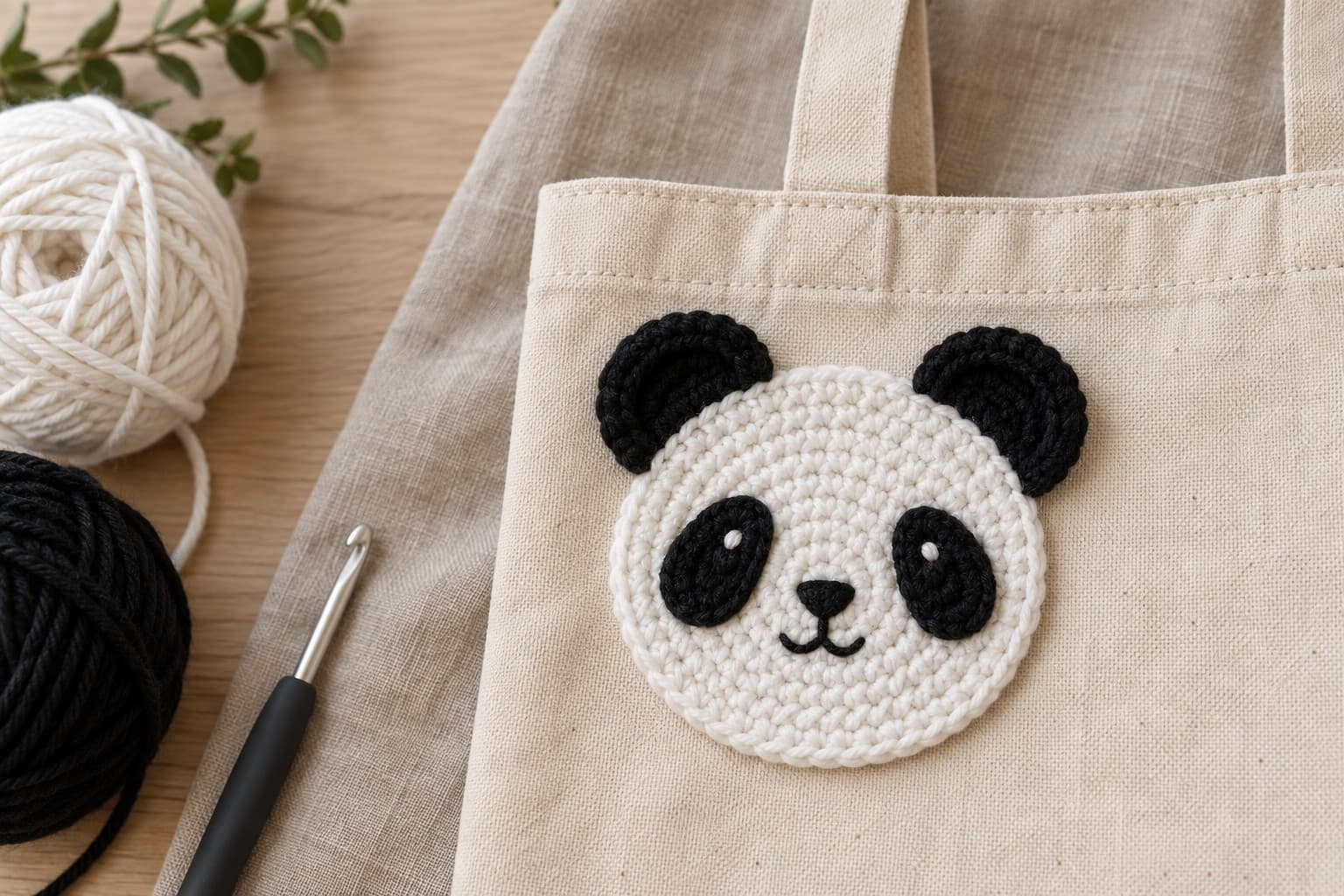 Flat white and black crochet panda applique sewn onto a natural canvas tote bag