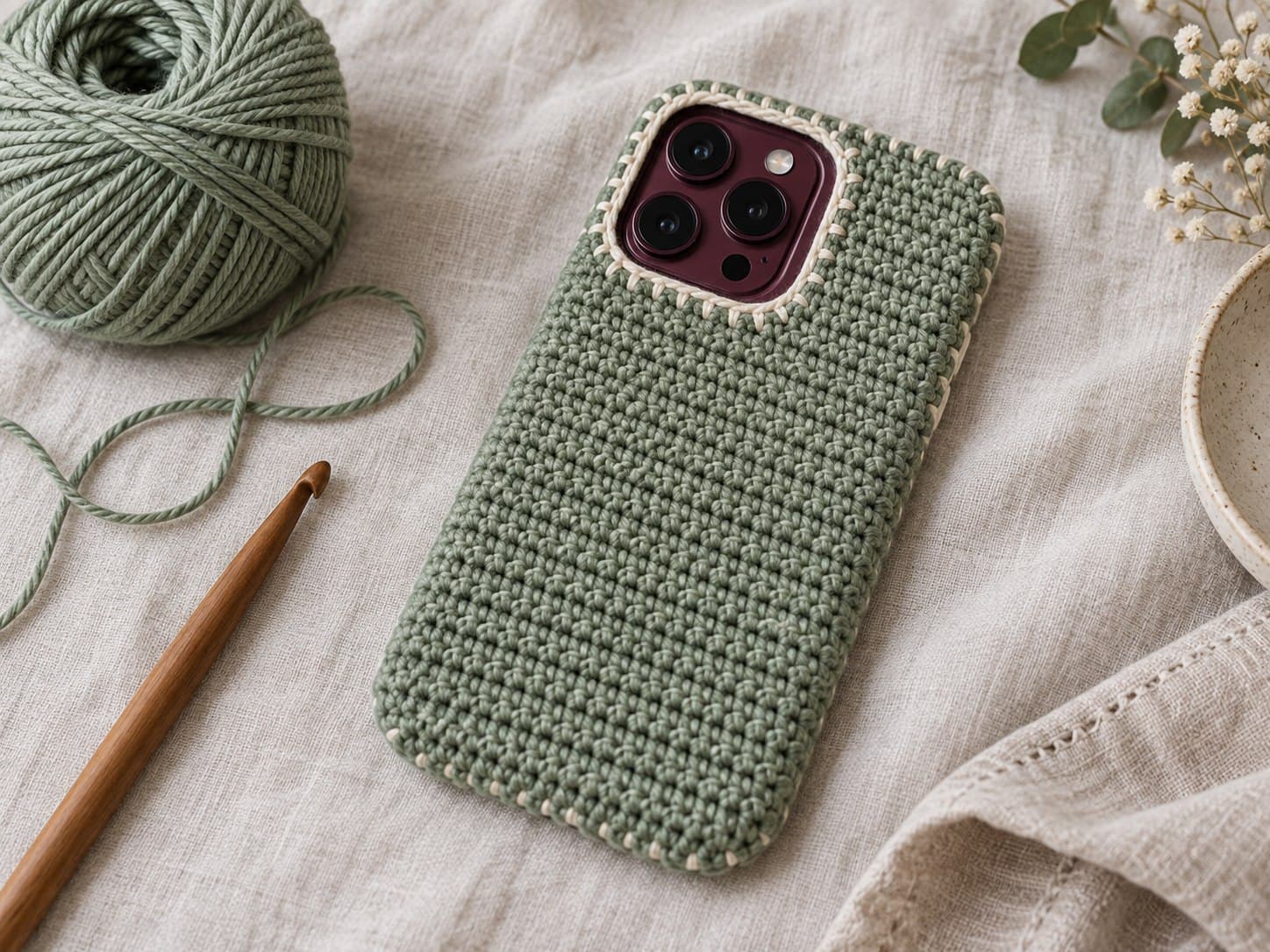 Sage-green crochet phone sleeve with cream edging and a camera opening around an unbranded burgundy Pro-style smartphone on linen.