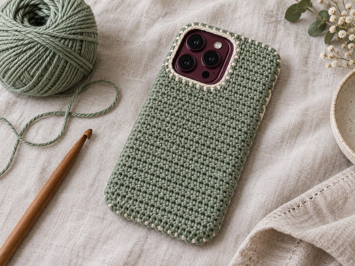 Sage-green crochet phone sleeve with cream edging and a camera opening around an unbranded burgundy Pro-style smartphone on linen.